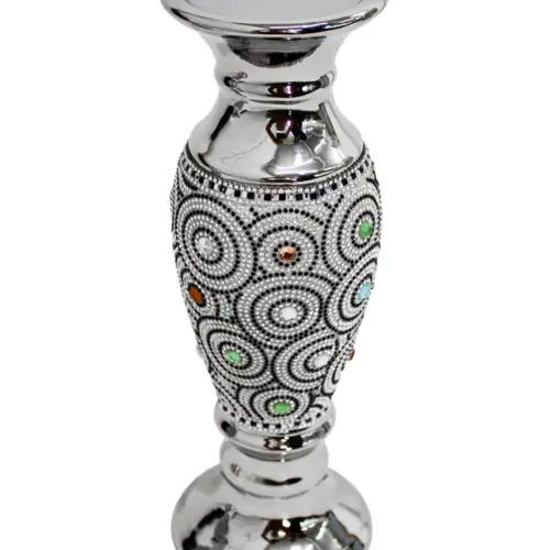 Candelabro de porcelana plateado con incrustaciones de cristales brillosos de 10.5×10.5x30cm