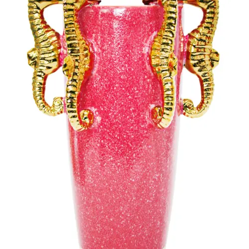 Florero de porcelana rosa con caballos de mar dorado de 26×22.2×37.5cm
