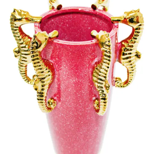 Florero de porcelana rosa con caballos de mar dorado de 26×22.2×37.5cm
