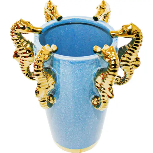 Florero de porcelana azul con caballos de mar dorado de 24x21x30cm