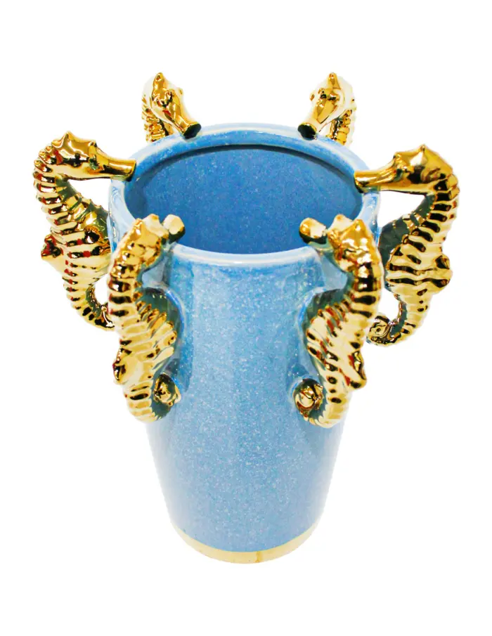 Florero de porcelana azul con caballos de mar dorado de 24x21x30cm - Image 2