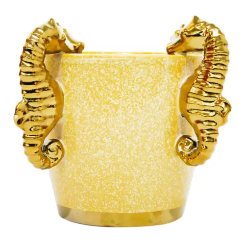 Florero de porcelana amarillo con caballos de mar dorado de 15.5×115.5×16.5cm