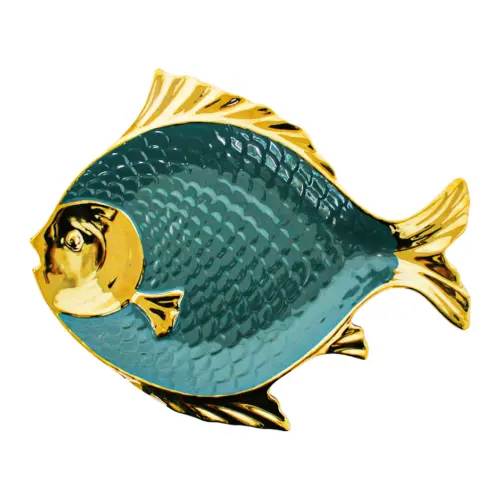 Platón de porcelana diseñó pescado verde con dorado de 38x31x3.8cm