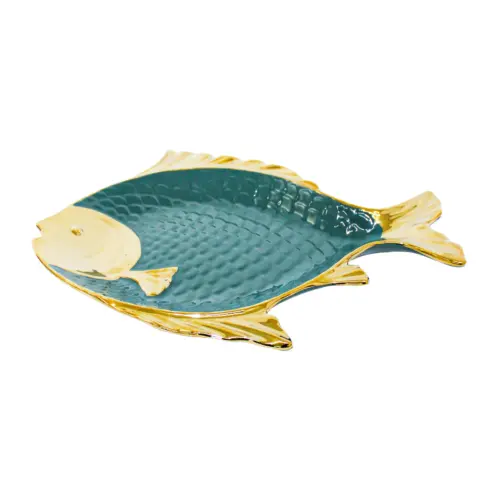 Platón de porcelana diseñó pescado verde con dorado de 38x31x3.8cm