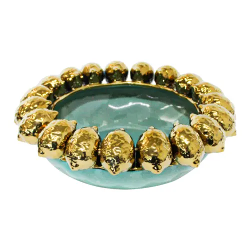 Frutero de porcelana verde con limones dorados en la orilla de 37.3×37.3×13.7cm