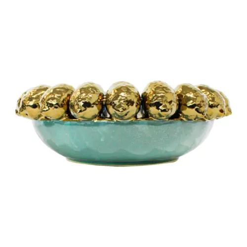 Frutero de porcelana verde con limones dorados en la orilla de 37.3×37.3×13.7cm