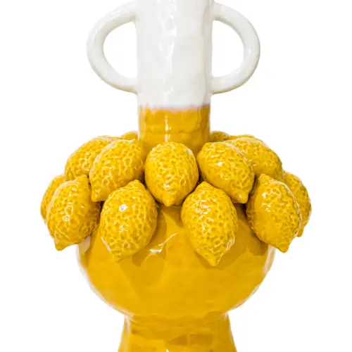 Florero de porcelana amarillo con blanco y limones amarillos de 30.5×30.5x42cm