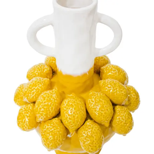 Florero de porcelana amarillo con blanco y limones amarillos de 30.5×30.5x42cm