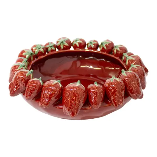 Frutero de porcelana roja con fresas en la orilla de 37.3×37.3×13.7cm