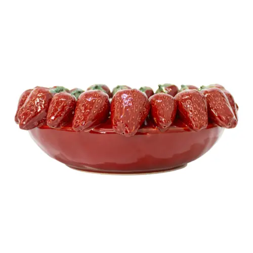 Frutero de porcelana roja con fresas en la orilla de 37.3×37.3×13.7cm