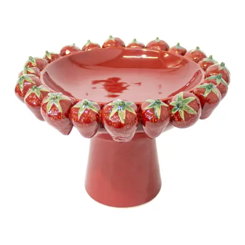 Frutero de porcelana rojo con fresas rojas en la orilla de 33.8×33.8x24cm