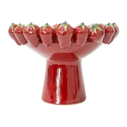 Frutero de porcelana rojo con fresas rojas en la orilla de 33.8×33.8x24cm