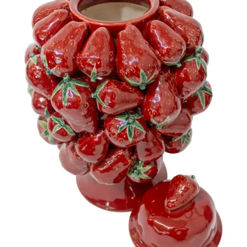 Tibor de porcelana rojo forrado de fresas de 24x24x41.5cm