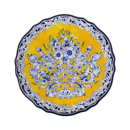 Plato de melamina amarillo con flores azules de 28.5×28.5×1.9cm