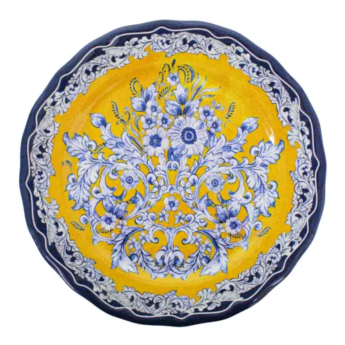 Plato de melamina amarillo con flores azules de 32x32x3cm