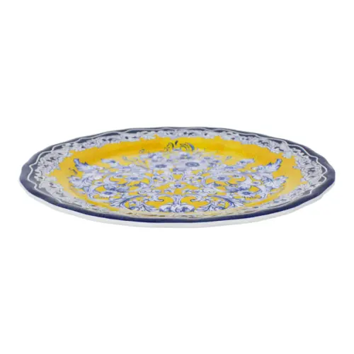 Plato de melamina amarillo con flores azules de 32x32x3cm