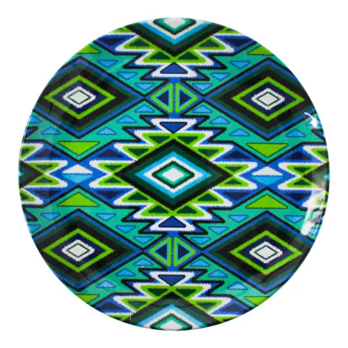 Plato de melamina diseño etnico en tonos verde de 27.6×27.6×2.2cm
