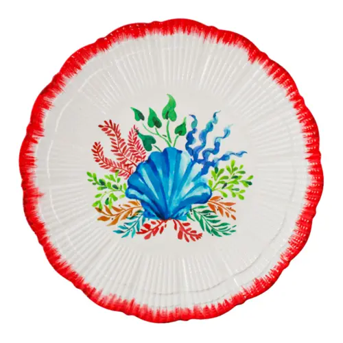 Plato de melamina estampado almeja azul con orilla roja de27.9×27.9×2.8cm