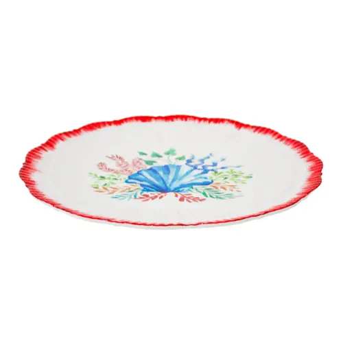Plato de melamina estampado almeja azul con orilla roja de27.9×27.9×2.8cm