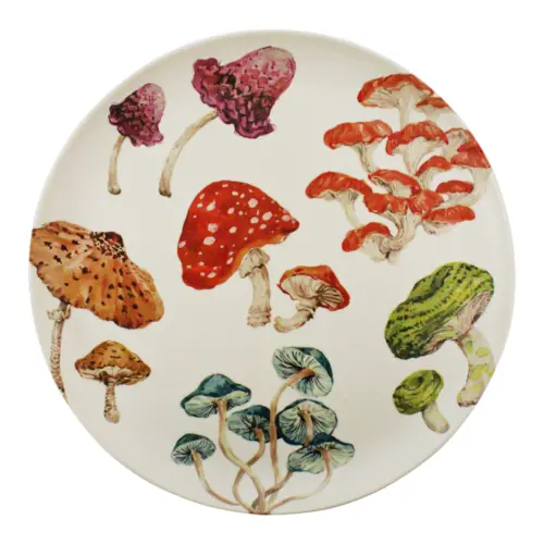 Plato de melamina blanca estampado hongos de 26.7×26.7×1.9cm