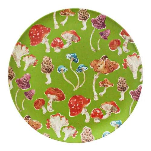 Plato de melamina verde estampado hongos de 26.7×26.7×1.9cm