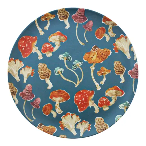 Plato de melamina azul estampado hongos de 26.7×26.7×1.9cm
