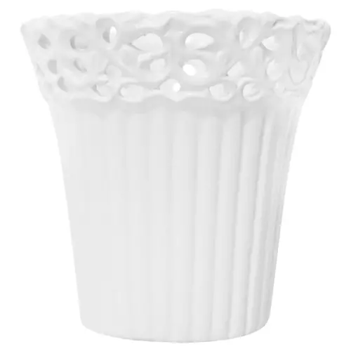 Maceta redonda de porcelana blanca con grabado de 13x13x12cm