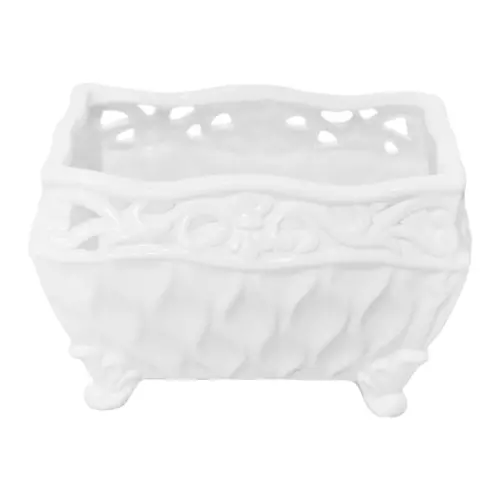 Maceta rectangular de porcelana blanca con orilla calada de 17.6×11.3×11.1cm