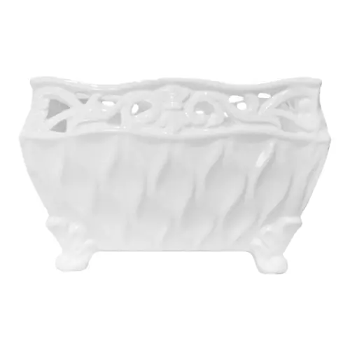 Maceta rectangular de porcelana blanca con orilla calada de 17.6×11.3×11.1cm