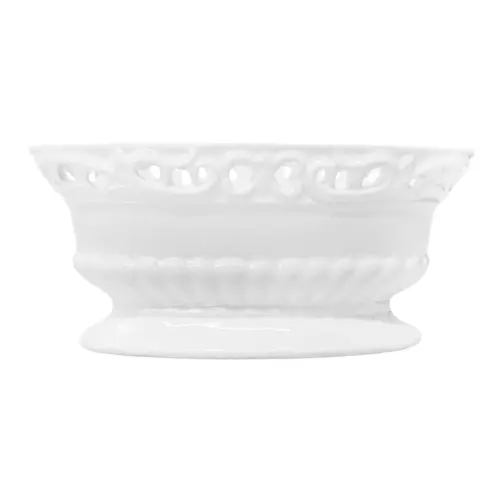 Maceta ovalada de porcelana blanca con orilla calada de 21.5×10.5×9.5cm