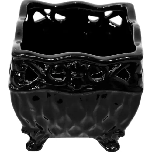 Maceta cuadrada de porcelana negra con orilla calada de 13.1×13.1×12.2cm