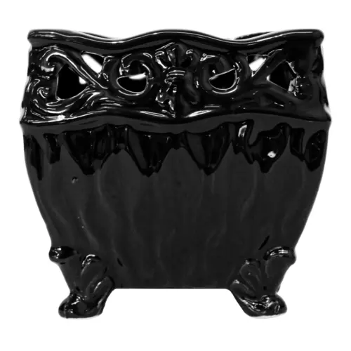 Maceta cuadrada de porcelana negra con orilla calada de 13.1×13.1×12.2cm