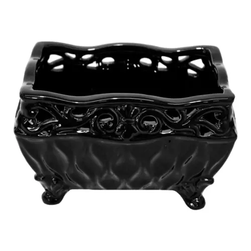 Maceta rectangular de porcelana negra con orilla calada de 17.6×11.3×11.1cm