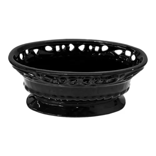 Maceta ovalada de porcelana negra con orilla calada de 21.5×10.5×9.5cm