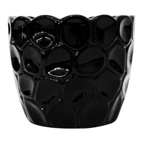 Maceta redonda de porcelana negra diseño panal de 13.5×13.5×11.5cm
