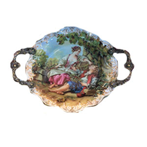 Platón hondo redondo ondulado de porcelana con asas estampado de pajera de 33×25.7×6.5cm