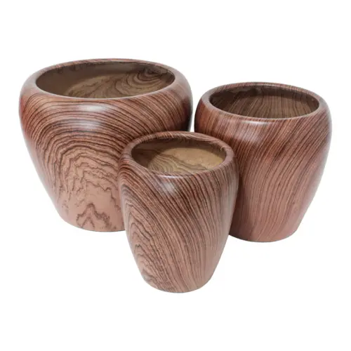 Juego de 3 macetas de cerámica de diseño café tipo madera de 37x37x36/28x28x32/21x21x28cm