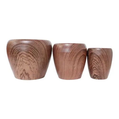 Juego de 3 macetas de cerámica de diseño café tipo madera de 37x37x36/28x28x32/21x21x28cm