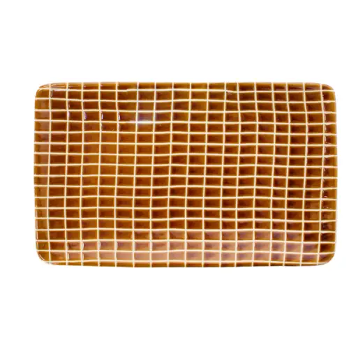 Plato de porcelana rectangular cafe con líneas amarillas de 21×12.7x2cm