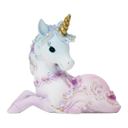 Unicornio de resina echado rosa de 15.5x8x14cm