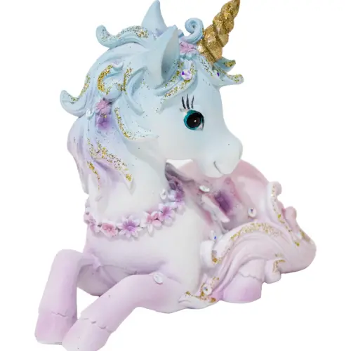 Unicornio de resina echado rosa de 15.5x8x14cm