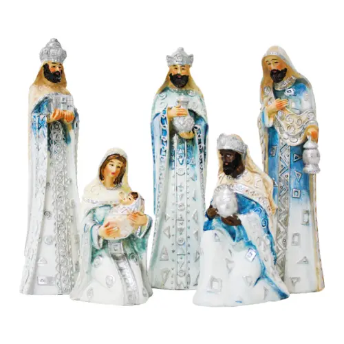 Nacimiento de 5 figuras de resina azul claro de 22x4x15.5cm