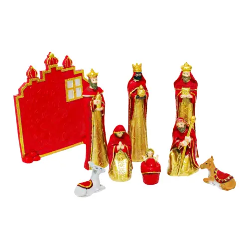 Nacimiento de 9 figuras de resina rojo con dorado de 16.20×1.2×19.20cm