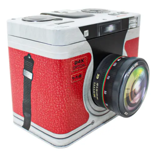 Caja de lámina con tapa diseño Cámara Fotográfica roja de 18.4×14.2×14.8cm