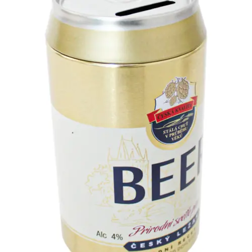 Alcancía de lámina diseño lata de cerveza dorada de 10.7×19.4cm