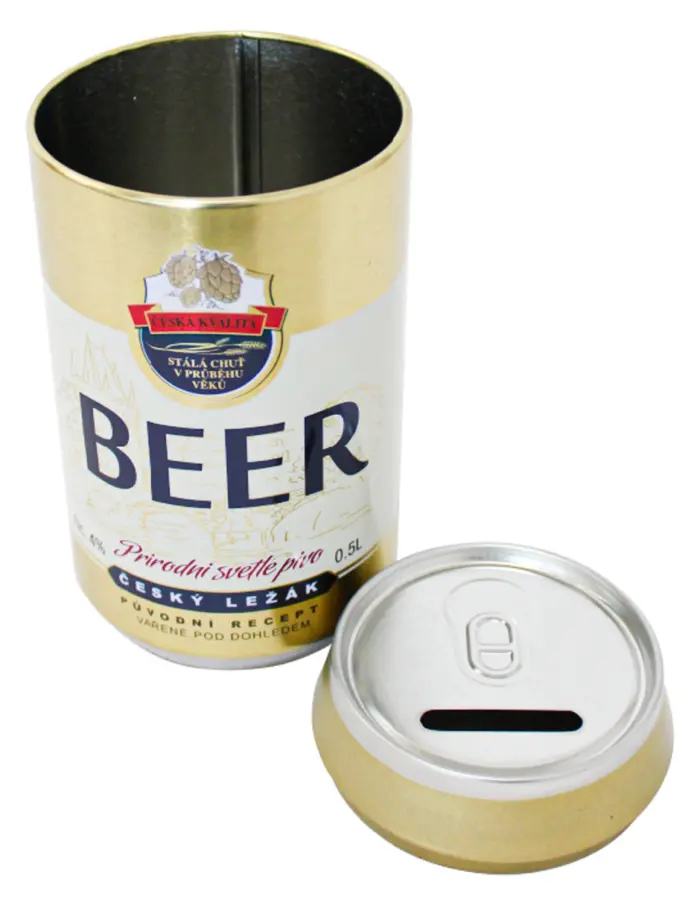 Alcancía de lámina diseño lata de cerveza dorada de 10.7x19.4cm - Image 4