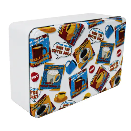 Caja de lámina rectangular diseño textos de café en blanco de 20x13x6.8cm