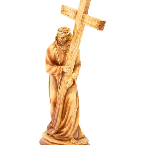 Jesus recargado en cruz de resina imitacion madera