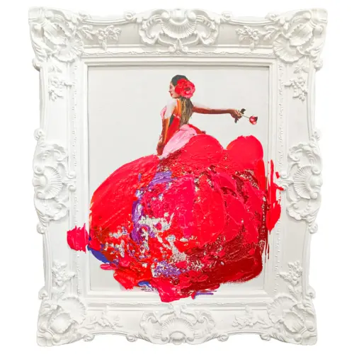 Cuadro con diseño de bailarina con vestido rojo y marco blanco de 60x70cm