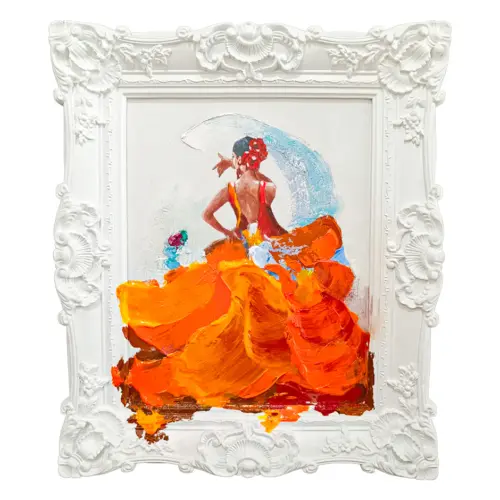 Cuadro con diseño de bailarina con vestido naranja y marco blanco de 60x70cm
